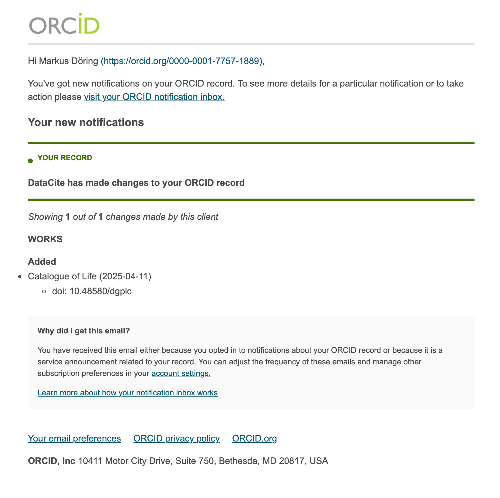 ORCID notification